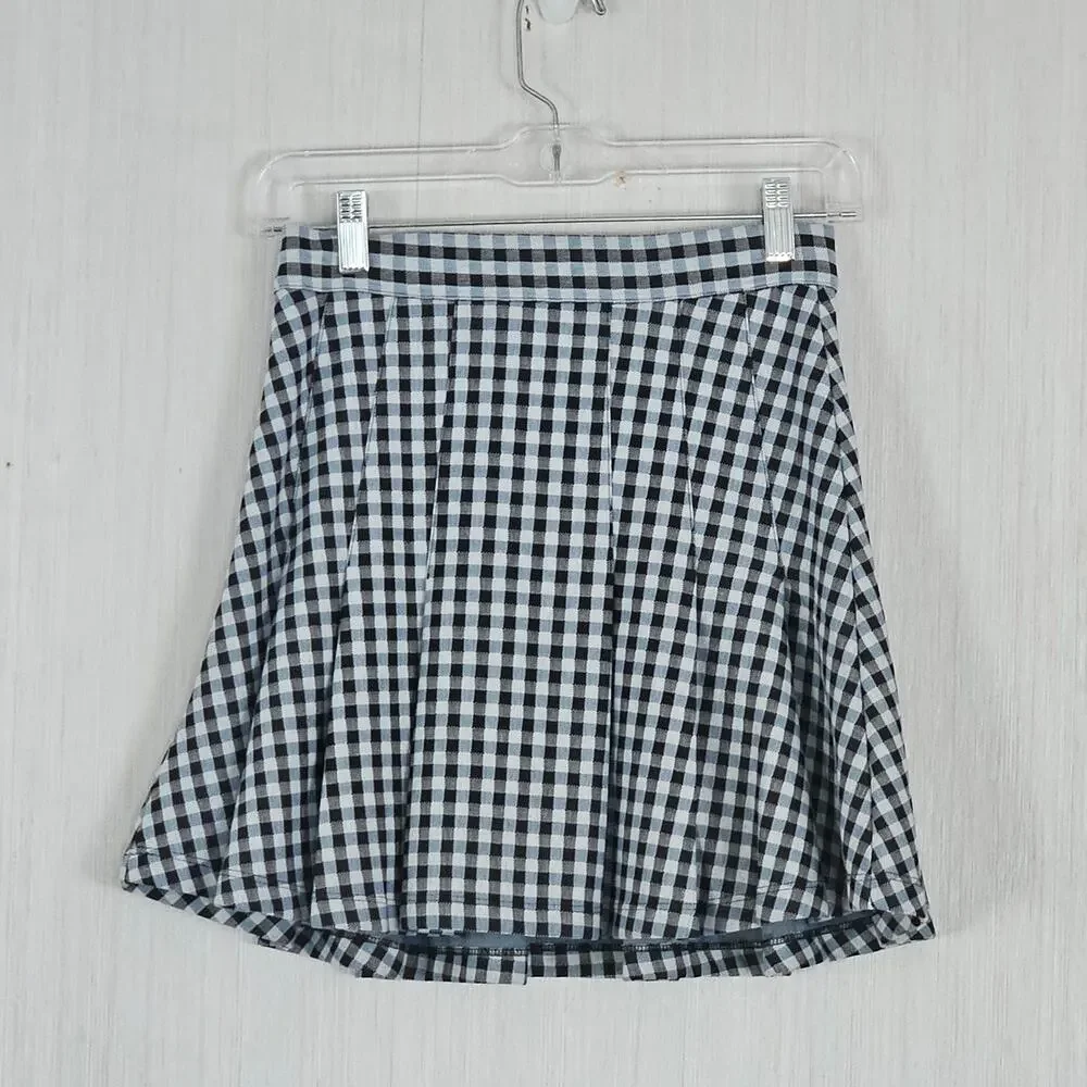 Free People Honey Gingham Pleated Skater Mini Skirt Black Multi Sz 0 EUC